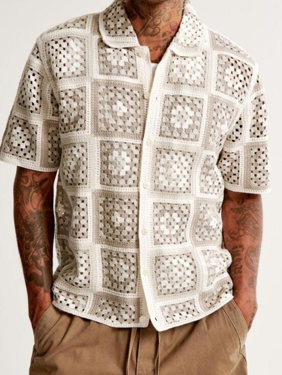Abercrombie & Fitch Other - Abercrombie & Fitch Crochet Granny Square Knit Beige Camp Collar Shirt Men M